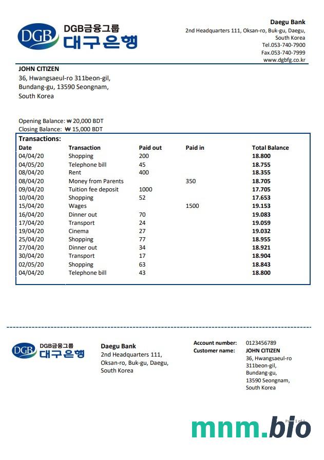 Korea Południowa Daegu Bank excel
